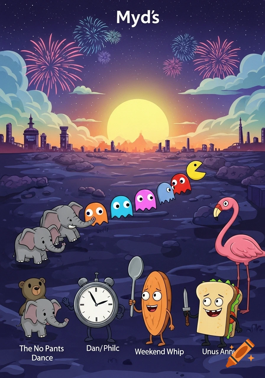 A cartoon scene with fireworks and a large sun rising over a city skyline. Below, various characters include Pac-Man and ghosts, elephants, a flamingo, an alarm clock, and a walking sandwich.