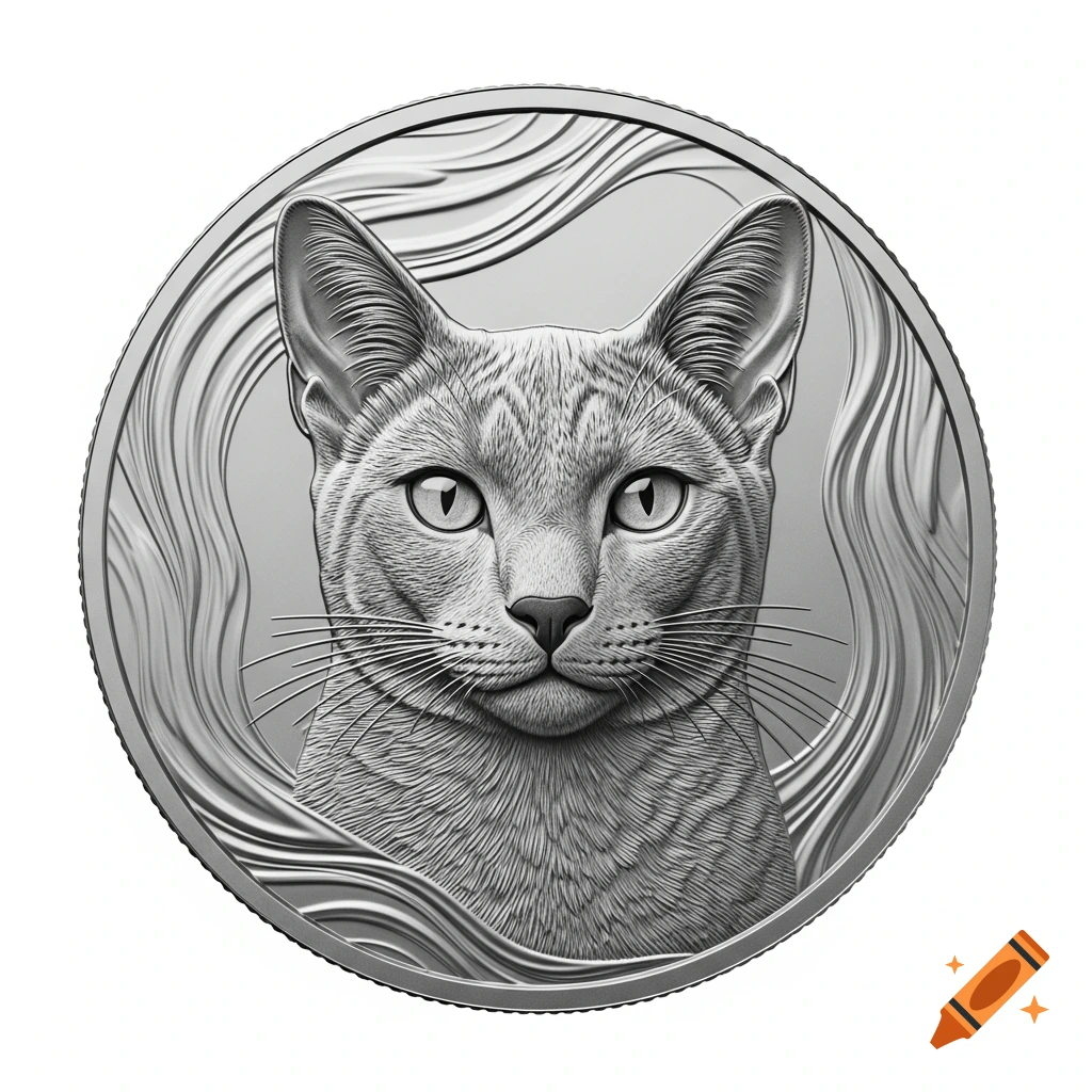 A detailed silver coin features the head portrait of a Russian Blue cat with swirling liquid silver background.