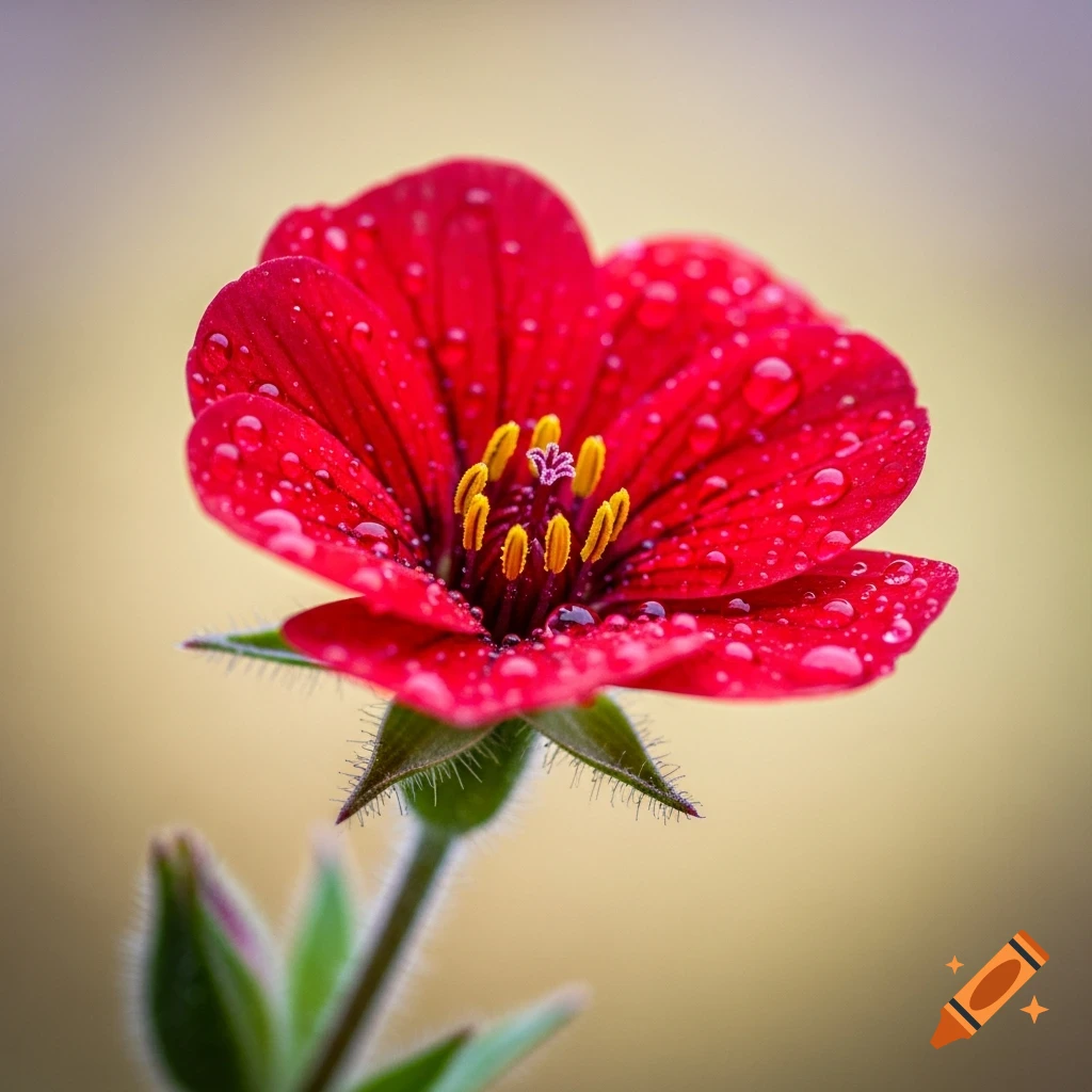 Close-up macro shot of a vibrant red flower with yellow stamens, covered in glistening water droplets.