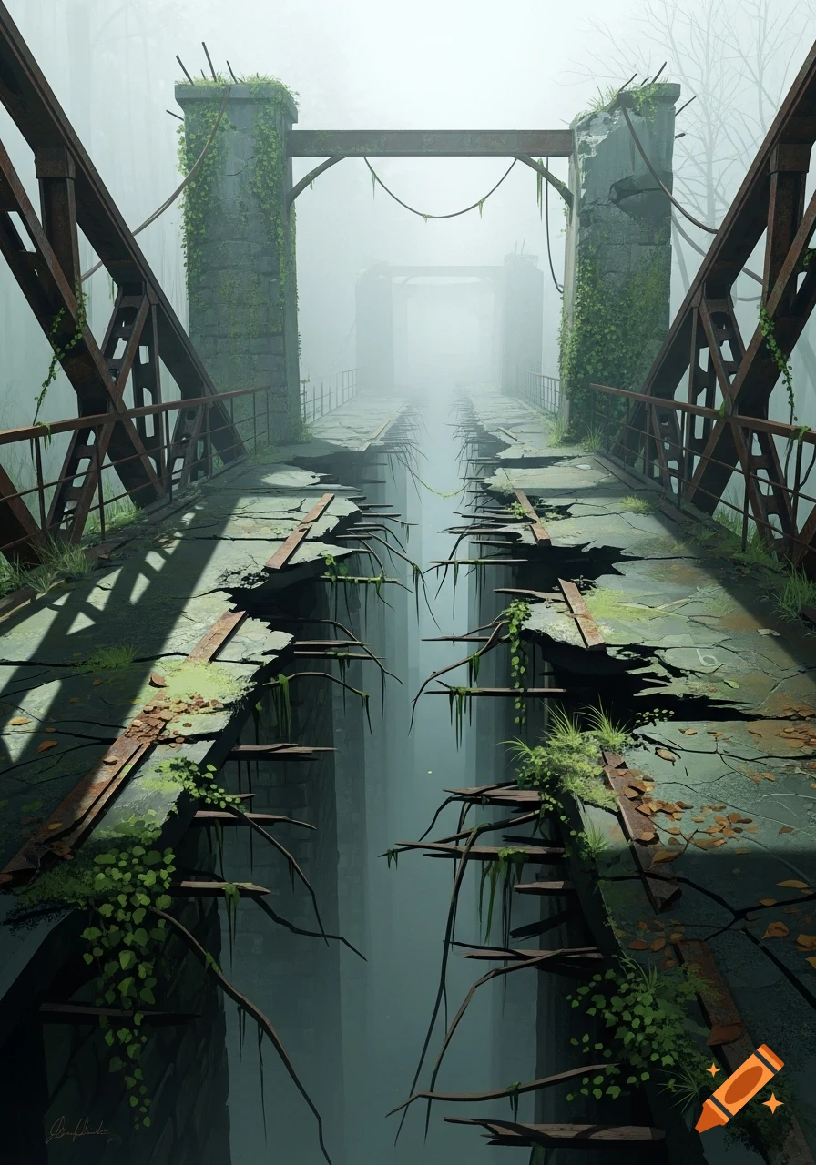 A dilapidated, overgrown metal and concrete bridge with missing sections spans a foggy chasm in a misty, post-apocalyptic forest.