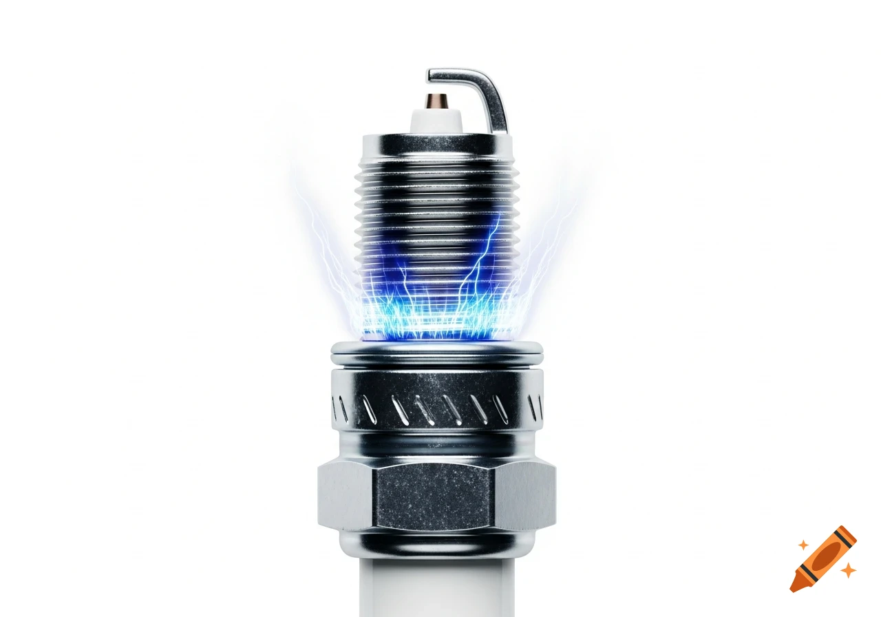 A close-up, photorealistic image of a metallic spark plug with bright blue electrical sparks emitting from its tip, against a white background.