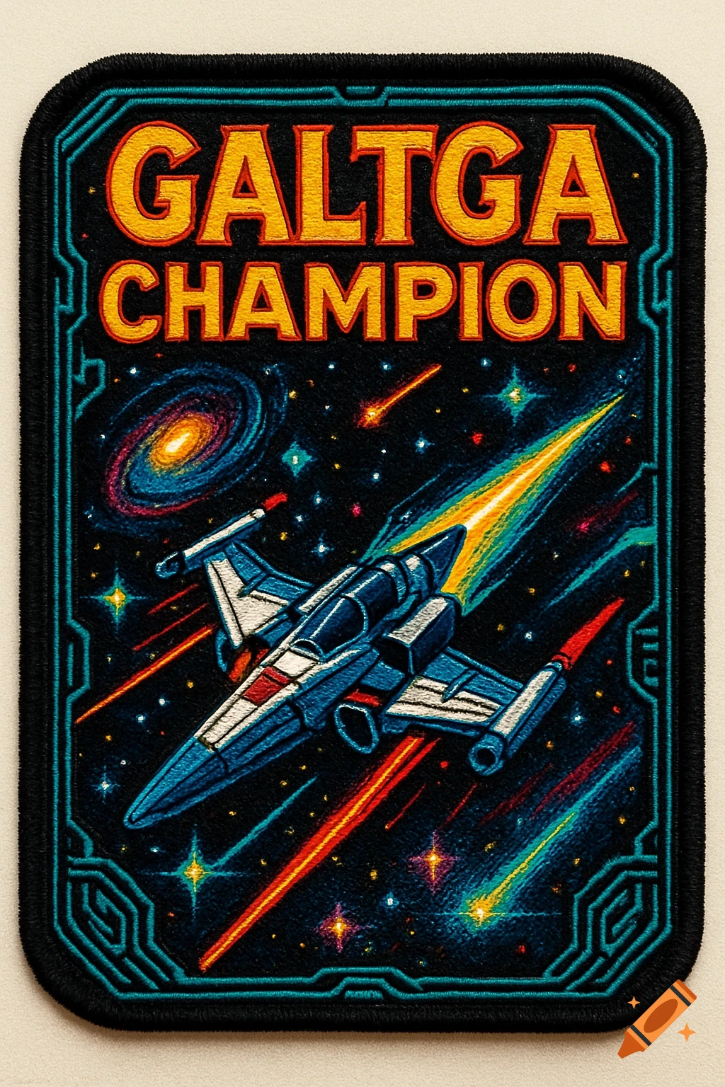 Embroidered patch featuring a blue spaceship soaring through a colorful starry galaxy, with the words GALTGA CHAMPION at the top.