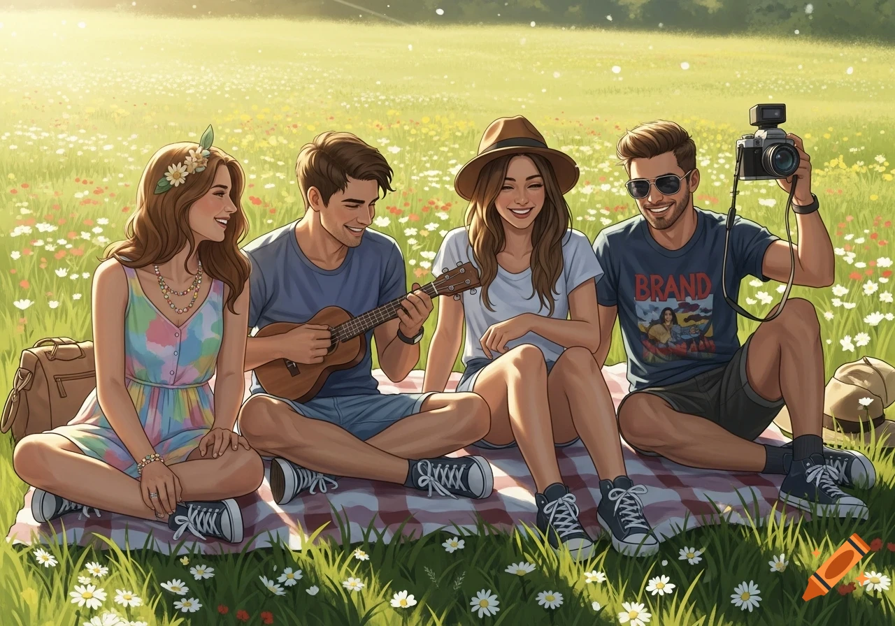 Four friends, two men and two women, are sitting on a red and white checkered blanket in a sunny field with white and yellow wildflowers, one playing a ukulele and another holding a camera, in a cartoon illustration style.