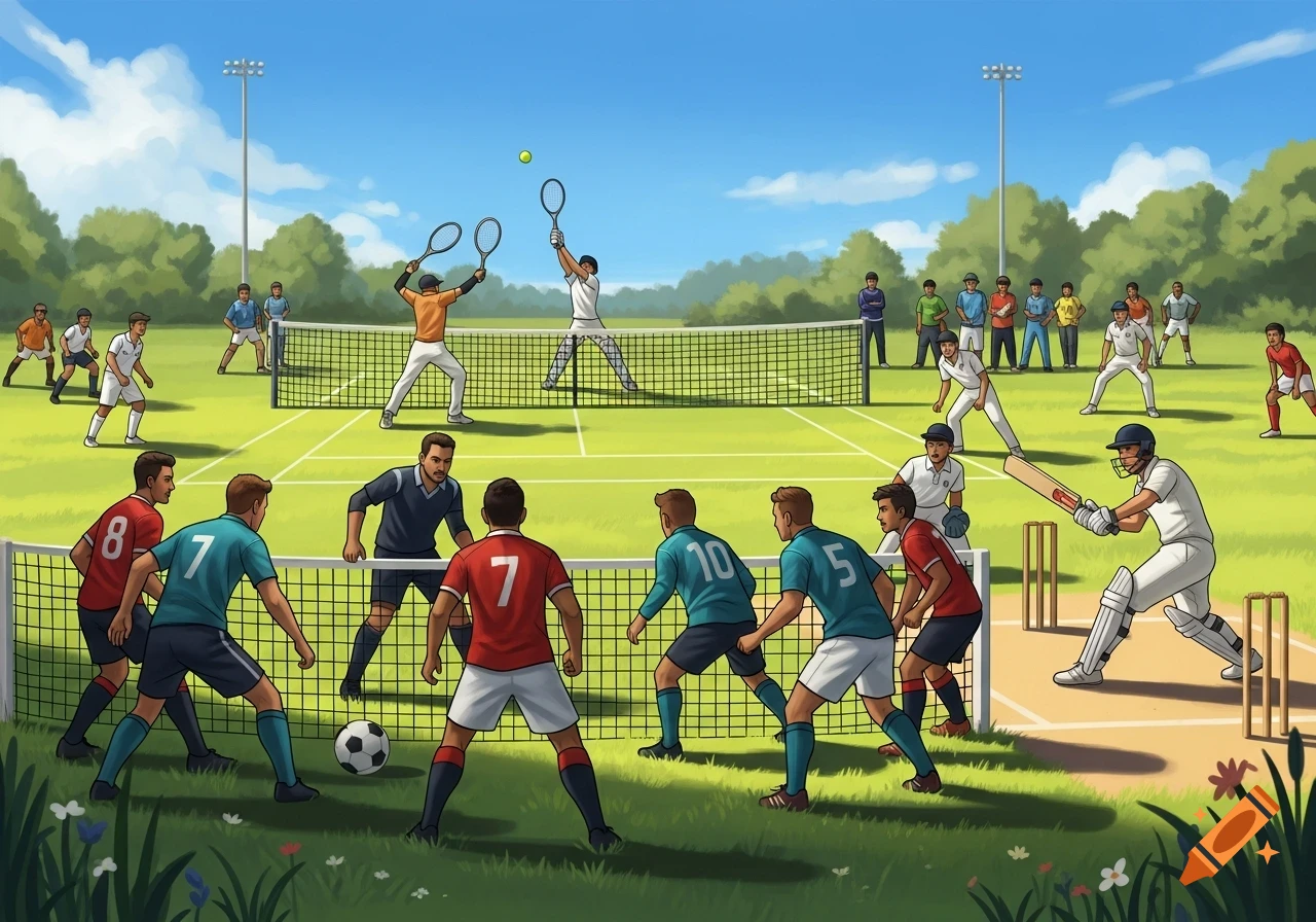 A busy illustration of men playing soccer, tennis, and cricket simultaneously on a sunny green field.