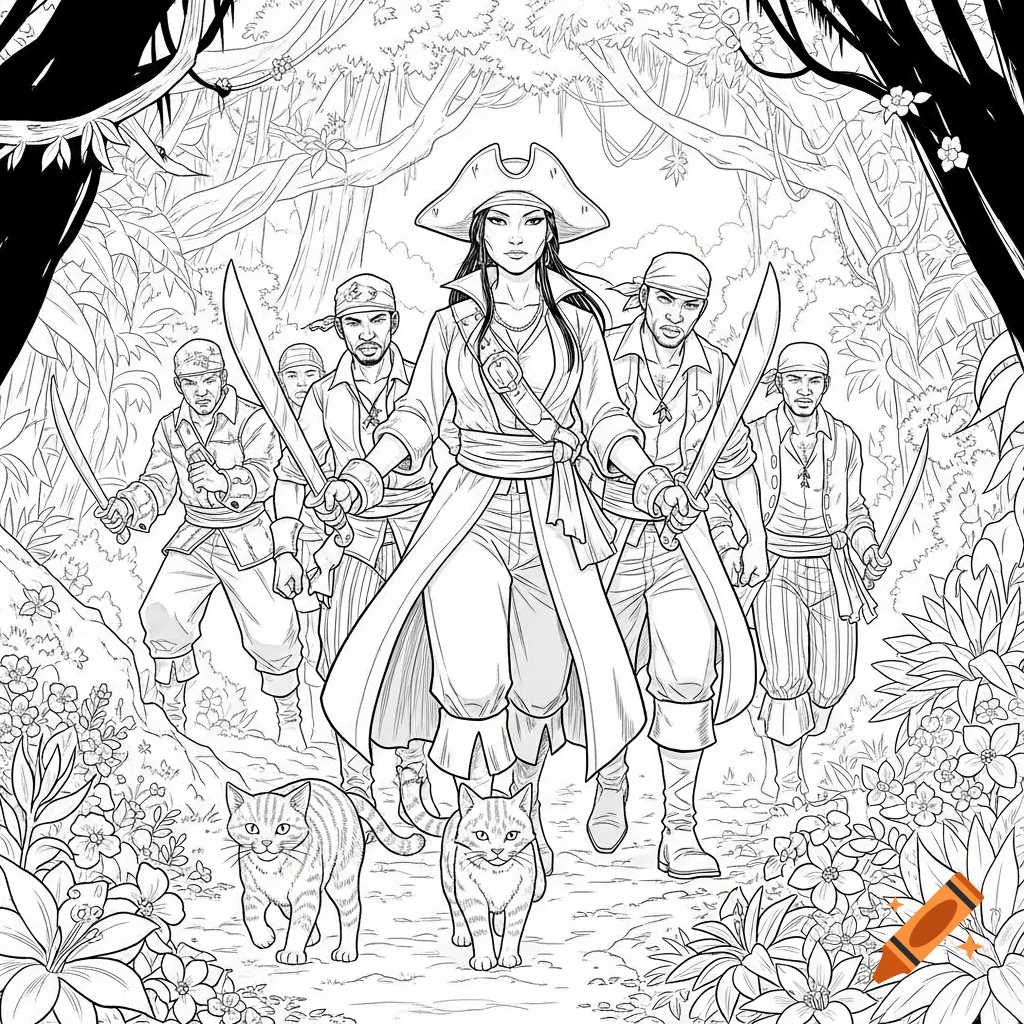 Black and white comic illustration of a female pirate captain, her crew, and two cats with machetes walking a jungle path.