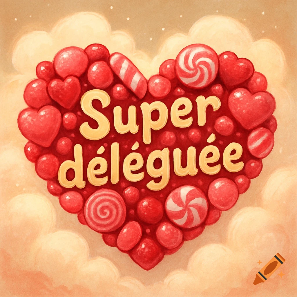 A red and pink candy heart with 'Super déléguée' in yellow letters, in a cute, soft style.