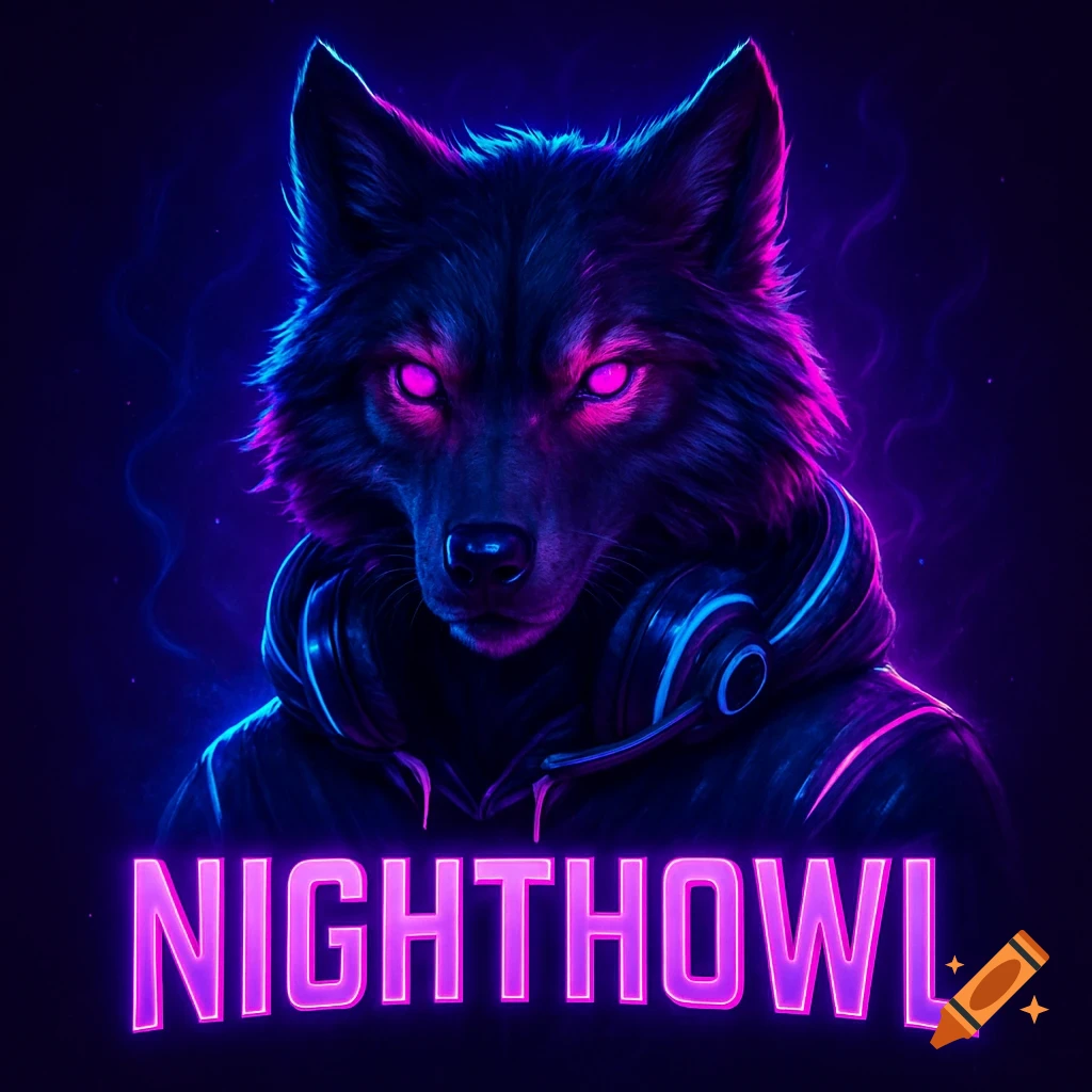 A neon synthwave wolf with glowing magenta eyes, wearing a gamer hoodie and headset, with 'NIGHTHOWL' text.
