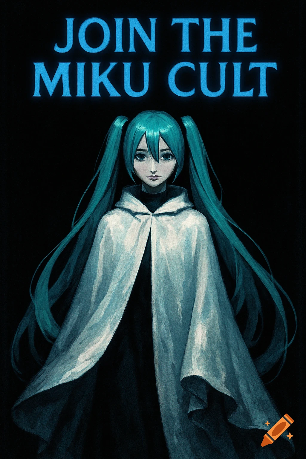 An anime illustration of Hatsune Miku wearing a white cloak with long teal pigtails, against a black background. Blue text above reads "JOIN THE MIKU CULT".
