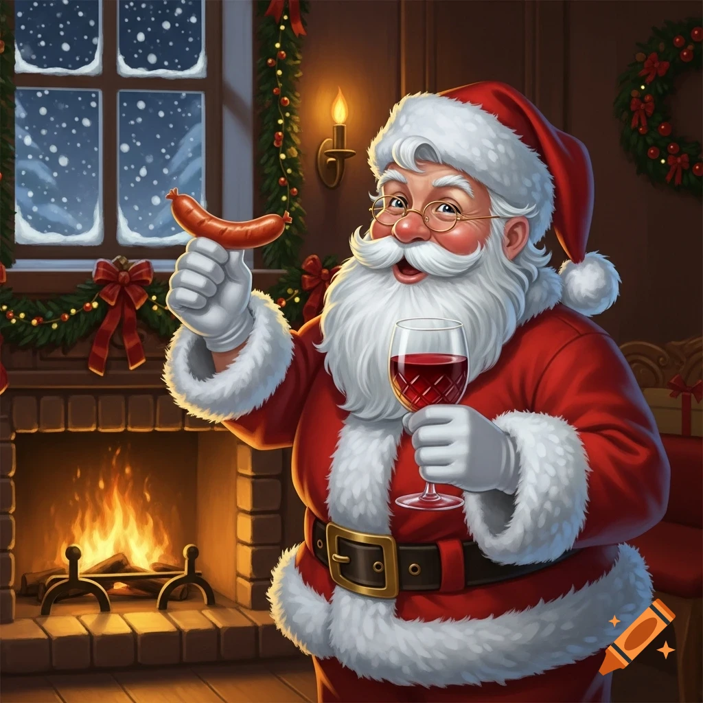 Santa Claus in a festive room holding a sausage and a glass of red wine by a fireplace, with snow falling outside.