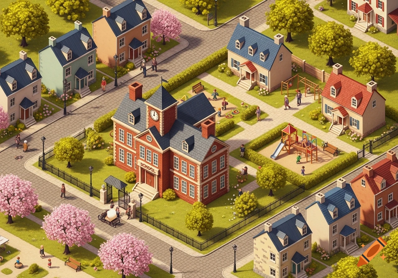 Isometric view of a small town with a red-brick school, houses, parks, and people walking, in a stylized, bright setting.