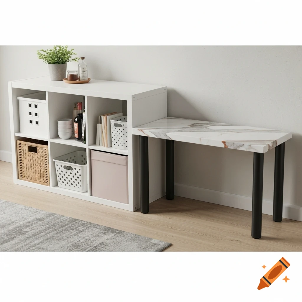 A modern white cube storage unit with baskets and books, and an attached marble-top desk with black legs, against a white wall.