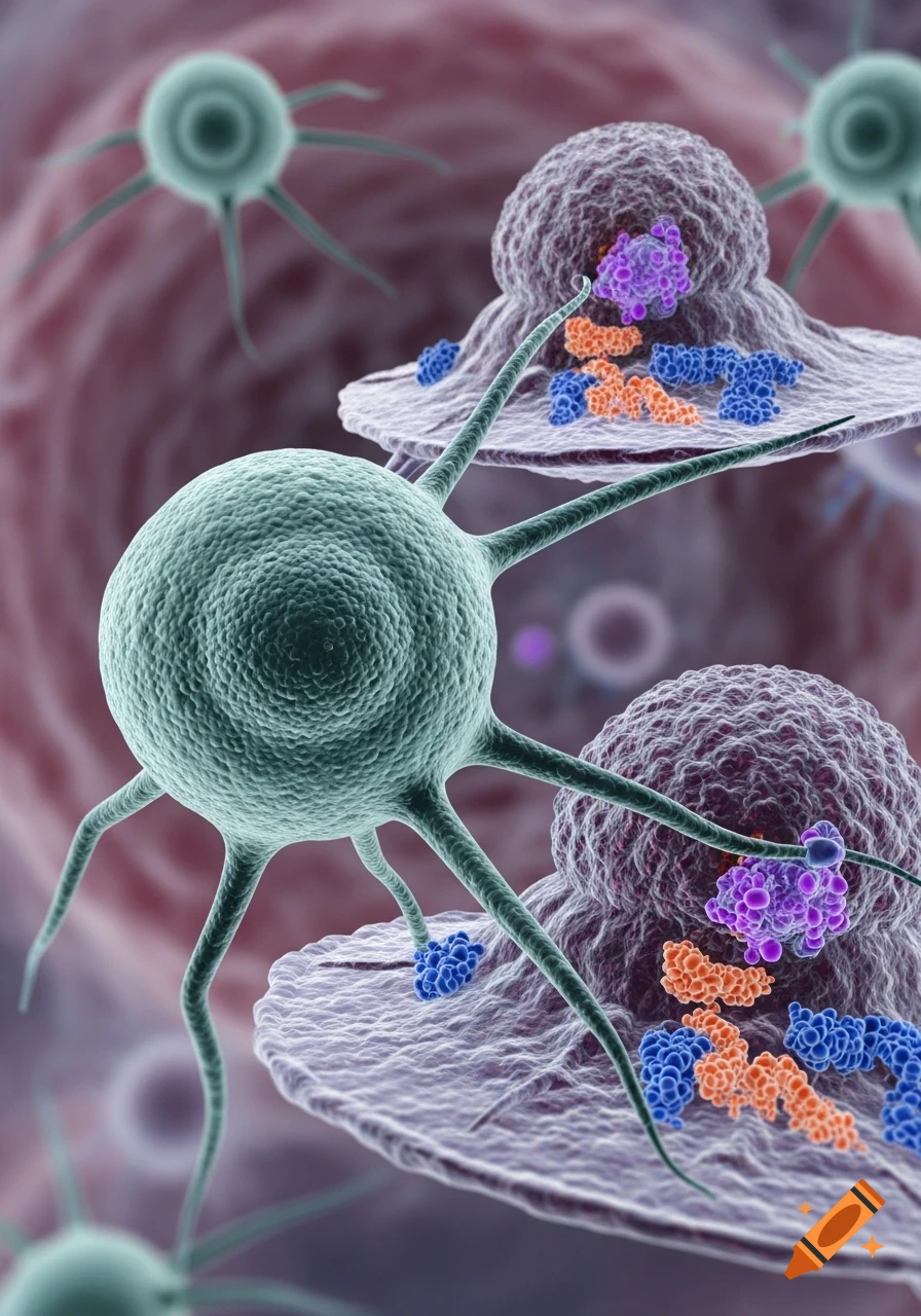 A detailed 3D render of a green T-lymphocyte with extensions attacking a larger, purplish tumor cell, surrounded by microscopic cellular components.