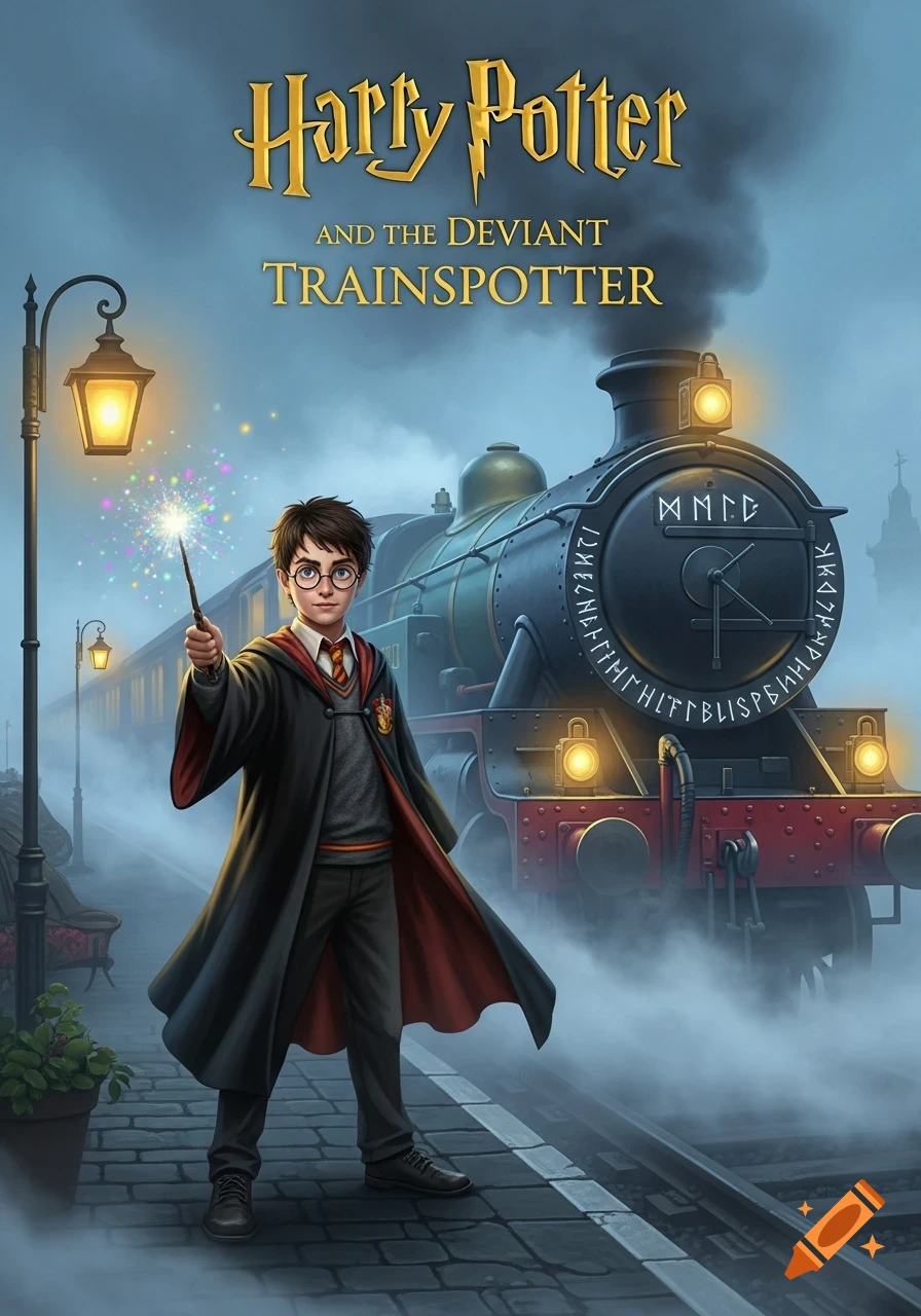 A stylized book cover features Harry Potter with a wand, standing on a misty train platform next to a large steam train, under a lamplit sky.