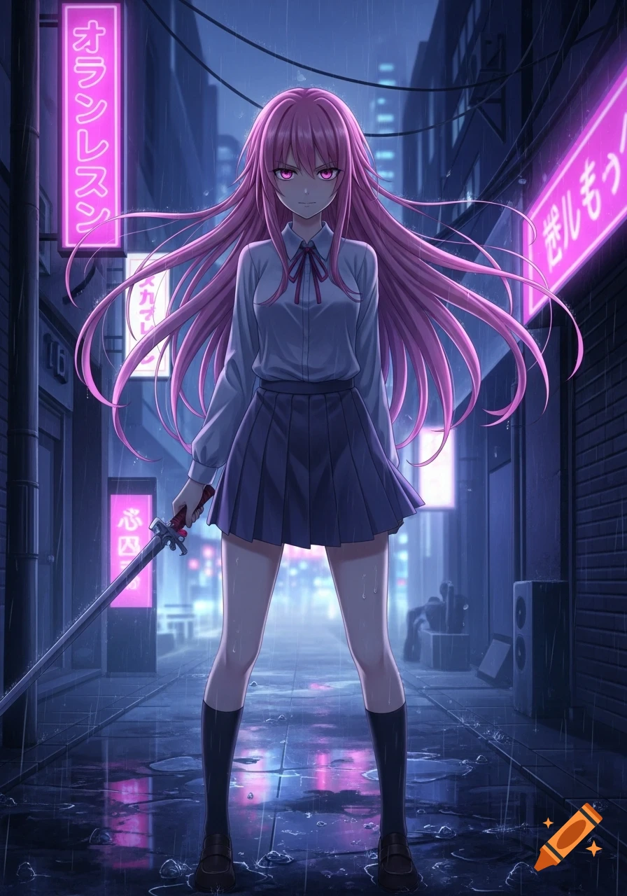 Anime girl with long pink hair and glowing eyes in a school uniform, holding a sword on a rainy neon-lit city street.