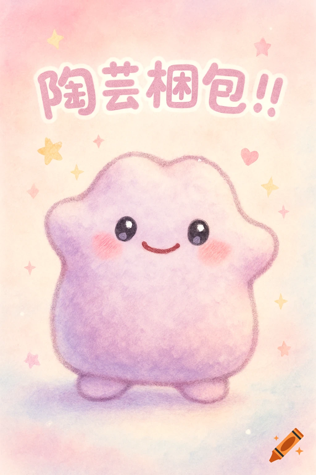 A cute, pastel pink and purple blob character, resembling Ditto, smiles with rosy cheeks. Stars and hearts float around it on a watercolor background. Japanese text is at the top.