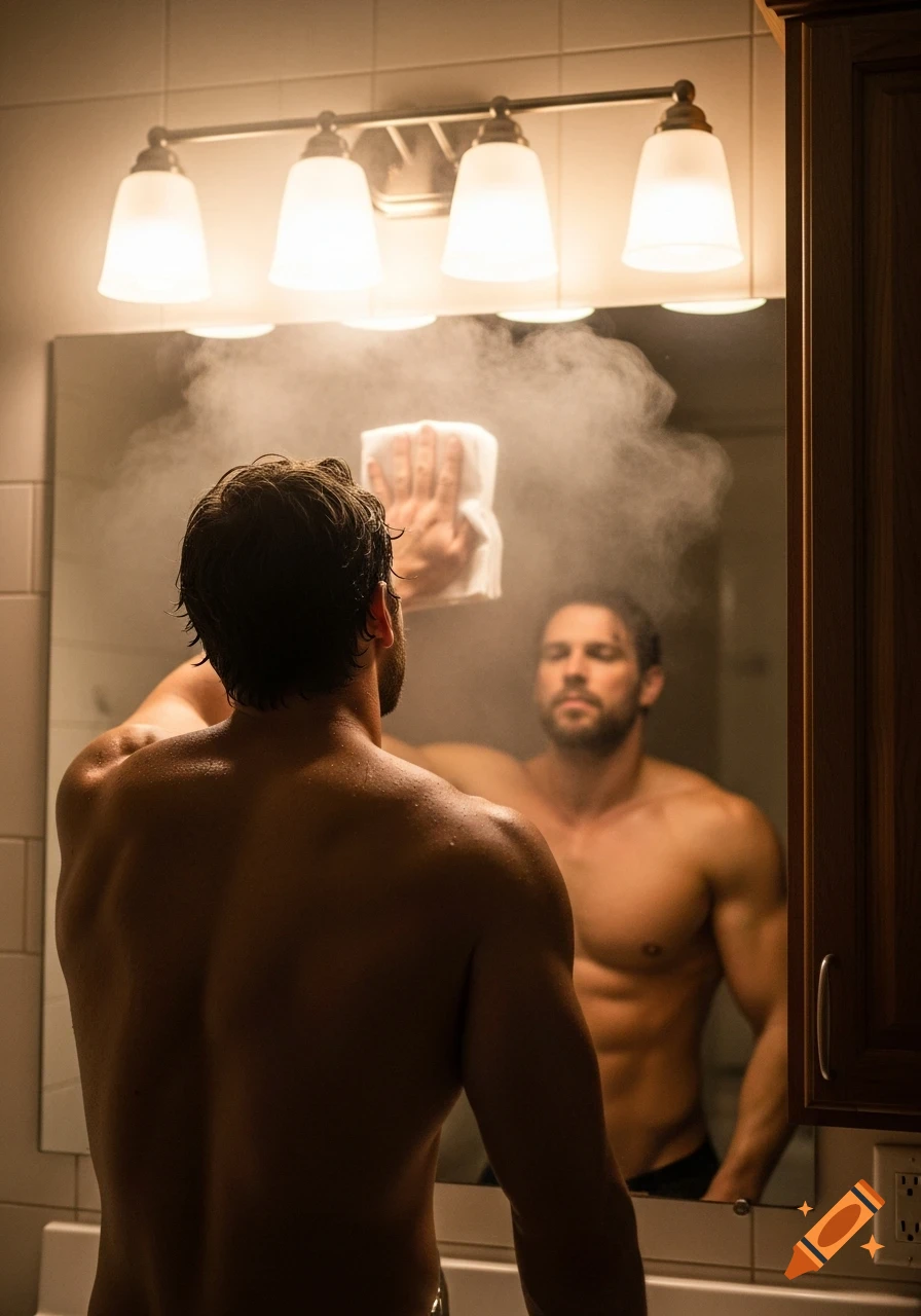 Photorealistic image of a man seen from behind, wiping steam off a bathroom mirror, his reflection visible.