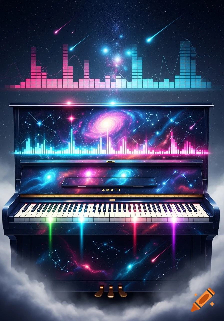 A black upright piano with a glowing galaxy and colorful equalizer bars displayed on its surface and above, surrounded by space and clouds.