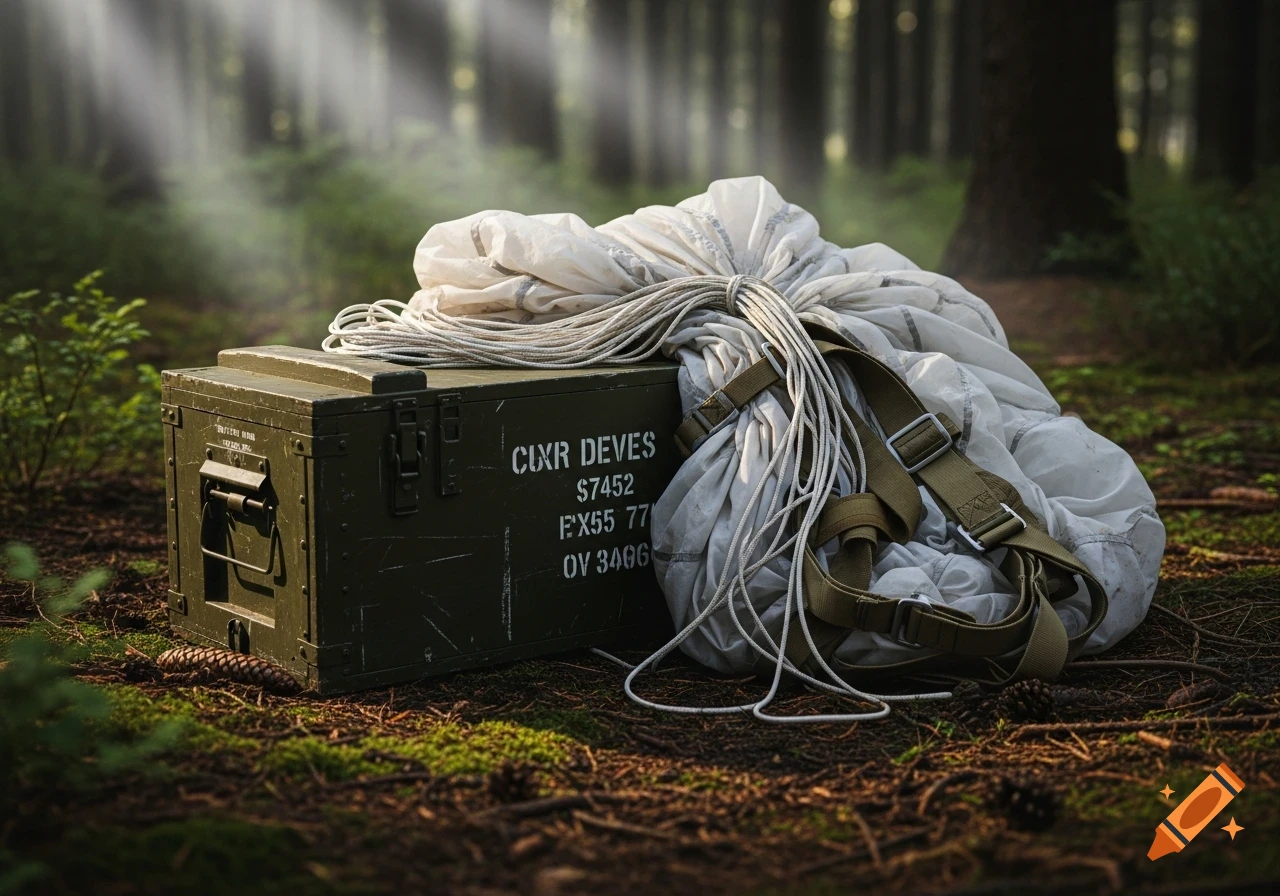 A green military supply crate with a white parachute and ropes beside it on a mossy forest floor, bathed in soft morning light.