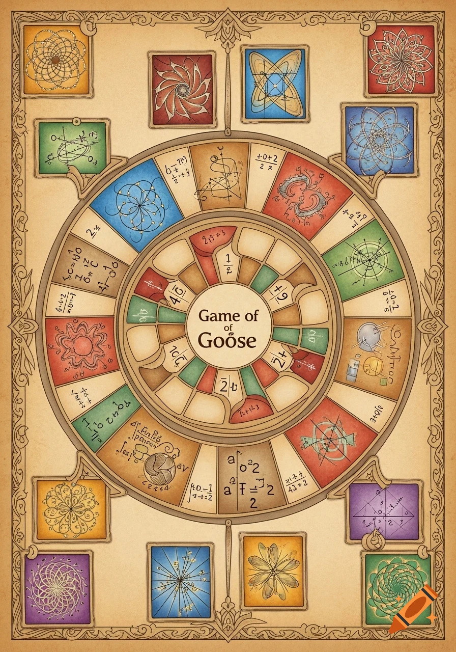 An ornate game board for 'Game of Goose' with mathematical equations and geometric patterns filling each of its many colored squares, framed by decorative borders.