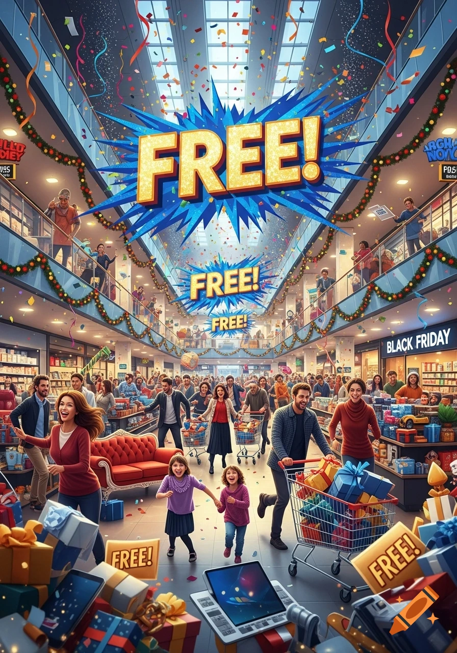 A vibrant, crowded shopping mall during a Black Friday sale, with "FREE!" signs, confetti, and shoppers pushing carts filled with gifts.