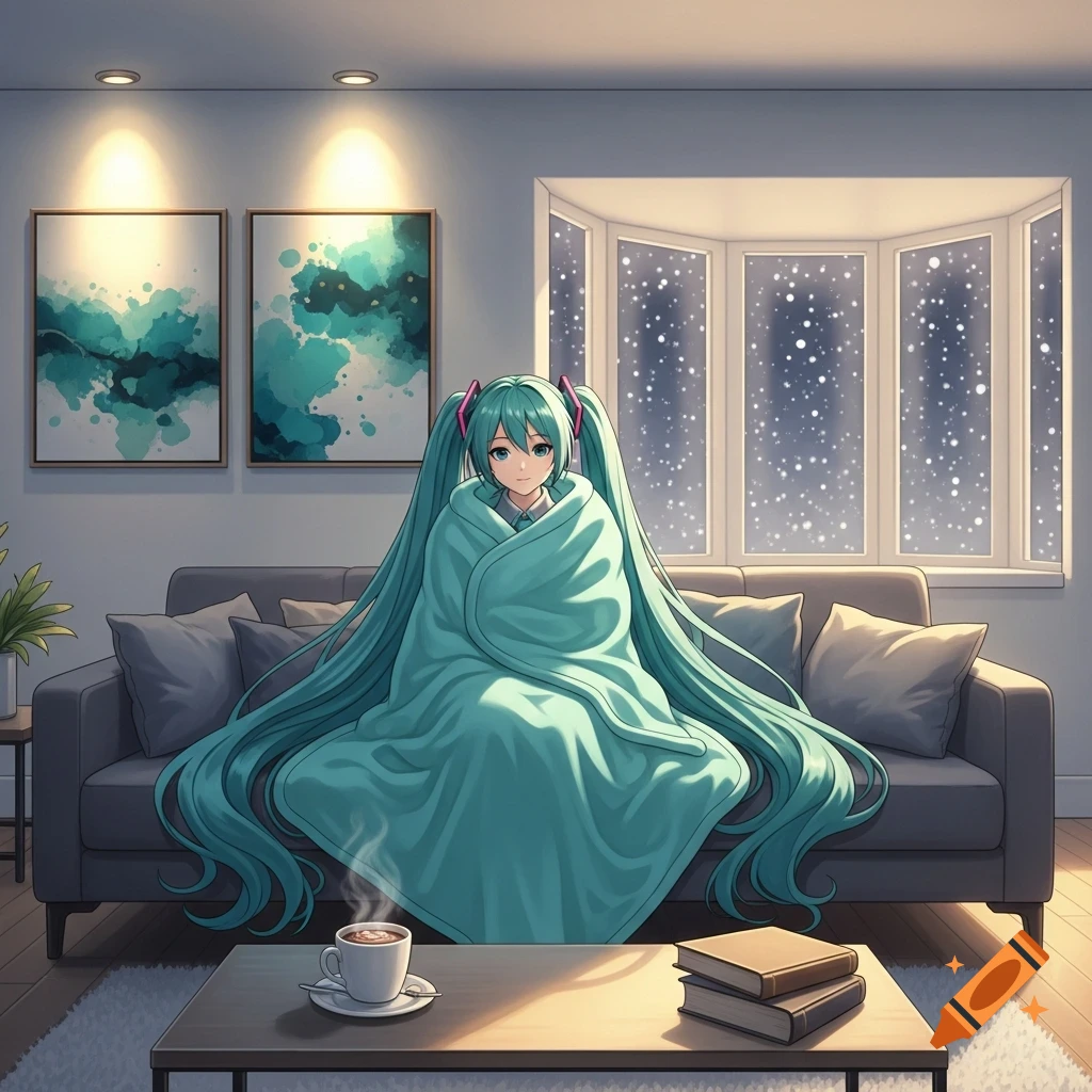 Anime Hatsune Miku on a sofa, wrapped in a blue blanket, with snow visible through a bay window and coffee on a table.