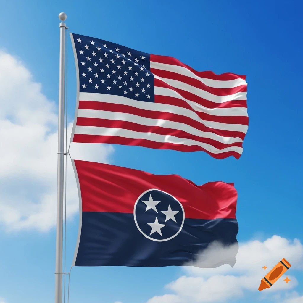 The American flag flies directly above the Tennessee state flag on a flagpole against a blue sky.