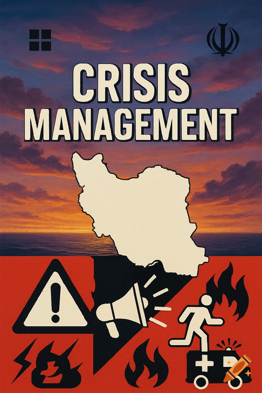 A stylized poster titled 'CRISIS MANAGEMENT' over a sunset sky, with a map of Iran and crisis-related icons below.