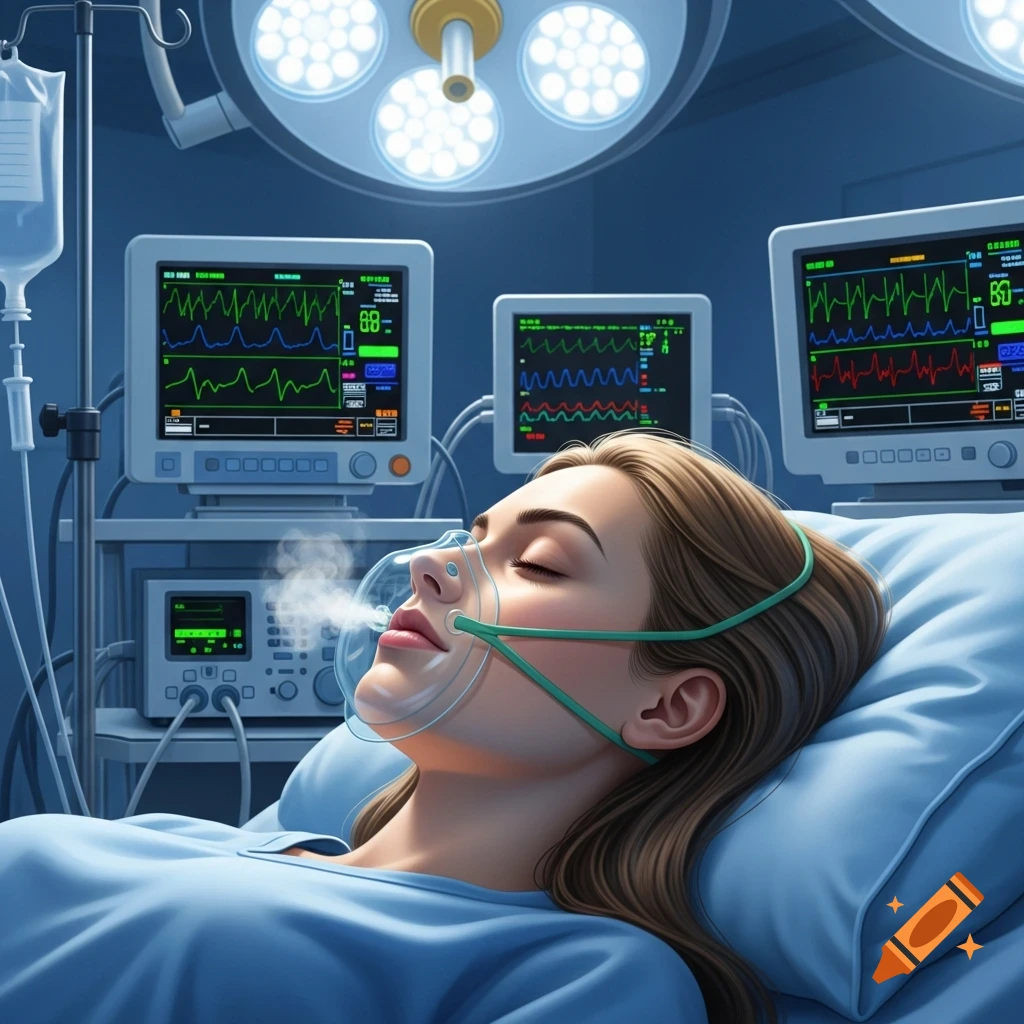 Photorealistic image of a young woman with an oxygen mask lying in a hospital bed, surrounded by medical monitors.