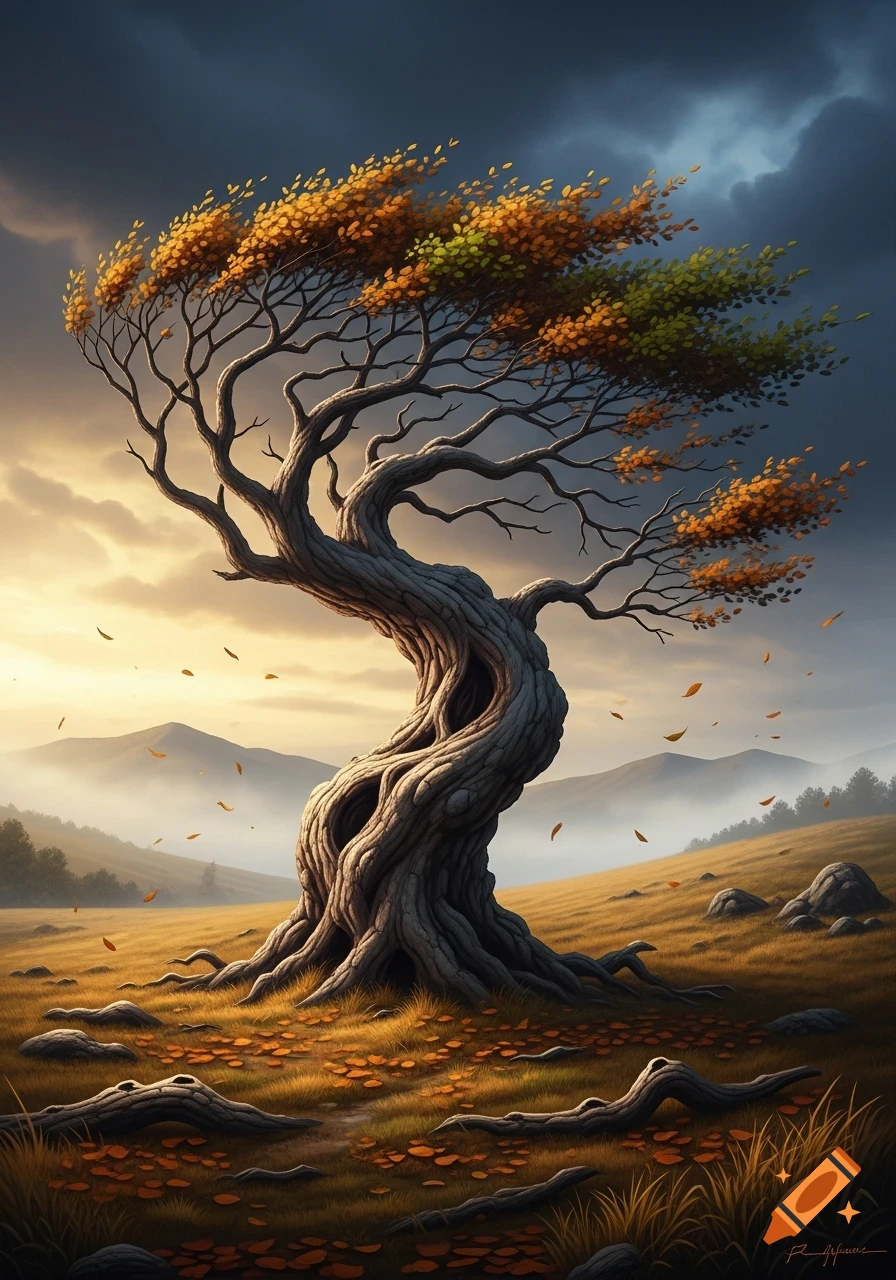 A gnarled tree with autumn leaves stands in a golden field under a dramatic, stormy sky with distant mountains.