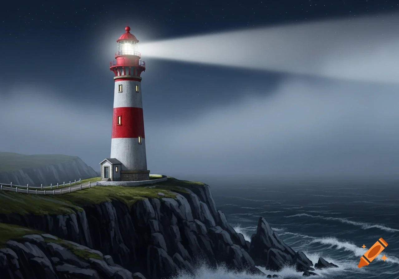 A red and white striped lighthouse on a rocky cliff shines its beam across a dark, starry night sea.