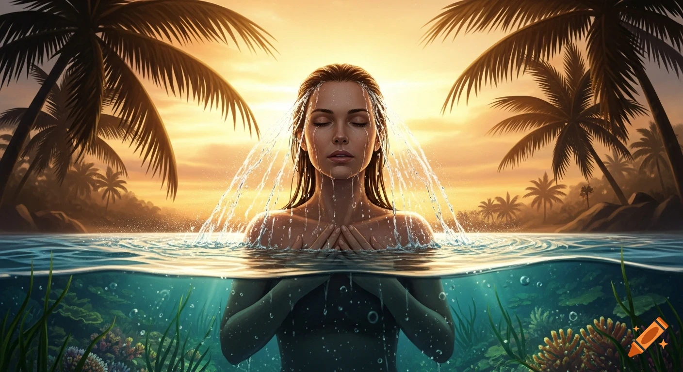 A woman meditates in tropical water at sunset, hands clasped, water streaming over her as coral and plants grow underwater.
