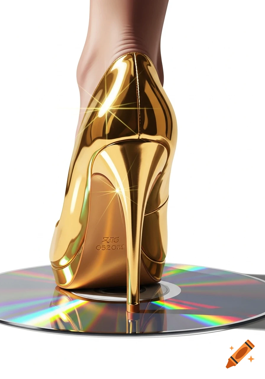 Close-up of a foot in a shiny golden high-heeled pump stepping on a reflective CD, against a white background.