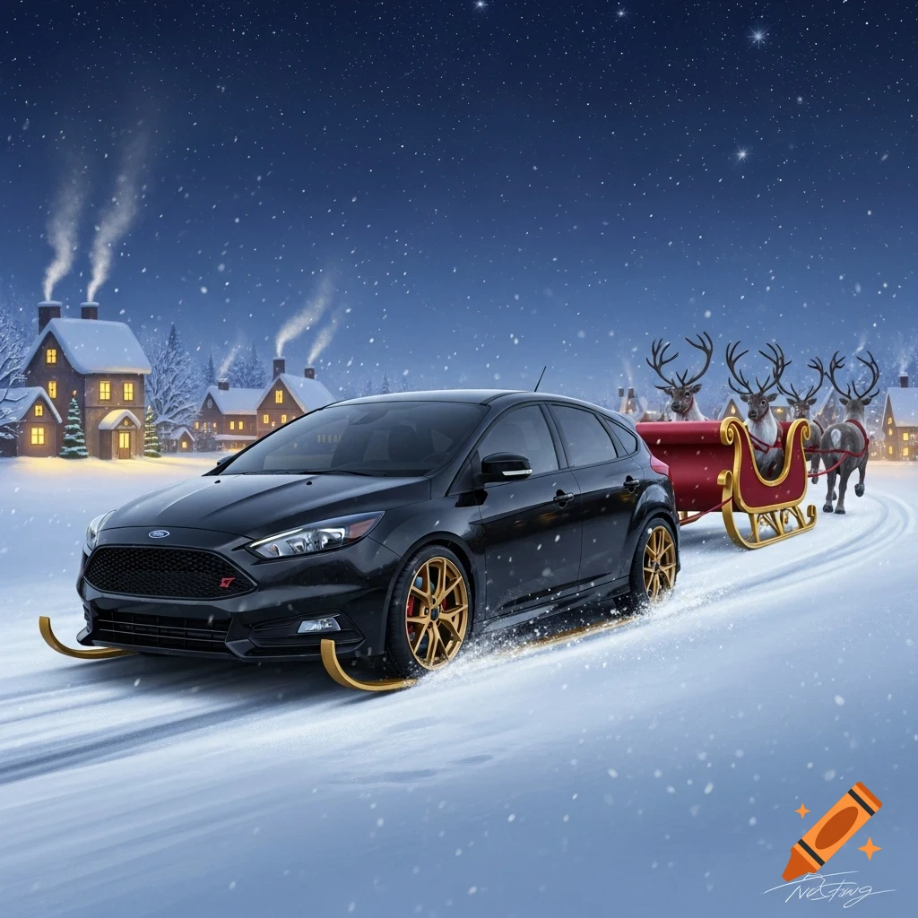 A black Ford Focus ST, transformed into Santa's sleigh with golden runners, pulled by reindeer through a snowy village under a starry night.