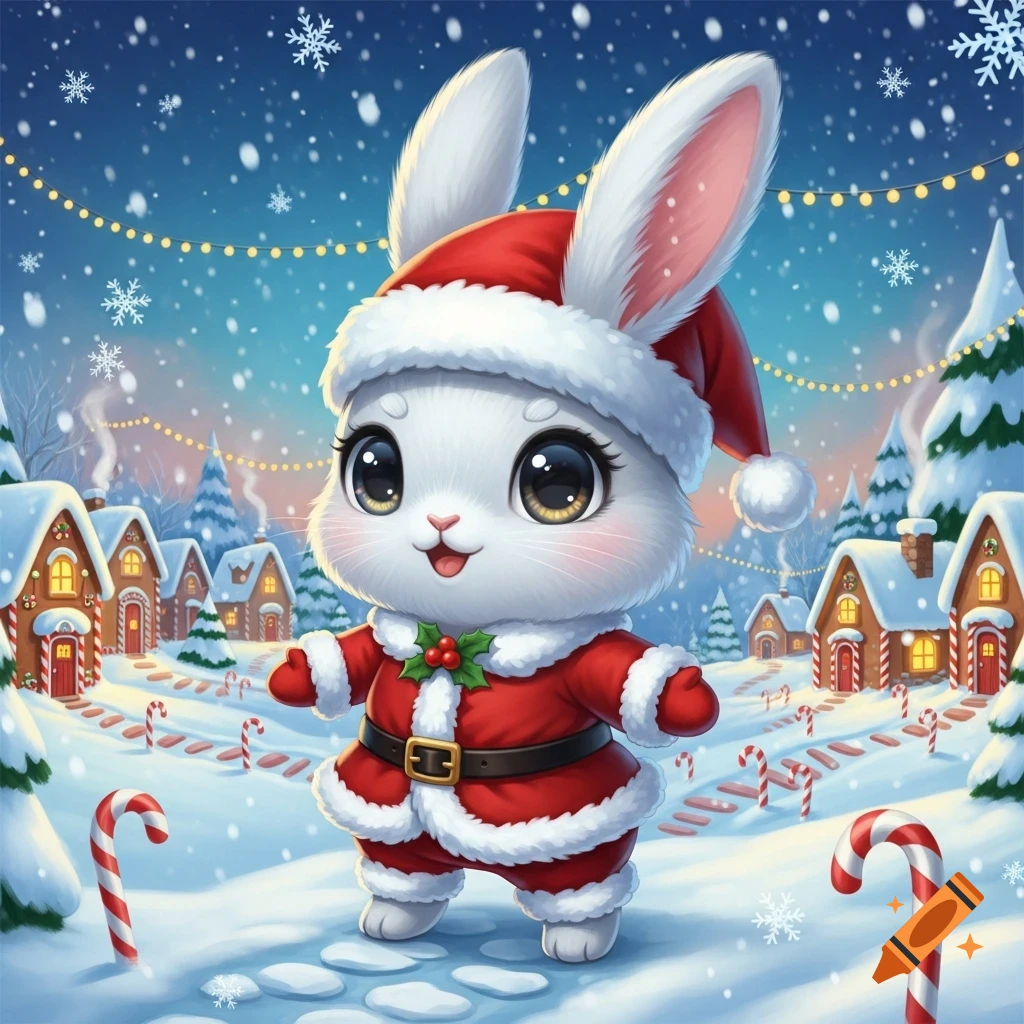 A cute chibi bunny in a Santa suit stands in a snowy Christmas village with gingerbread houses and candy canes.