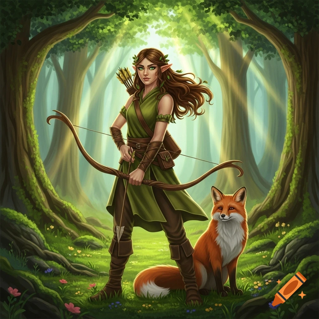A wood elf with a bow stands beside a fox companion in a sun-dappled forest, digital painting.