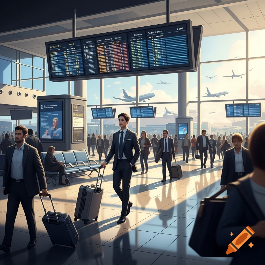 A man in a suit pulls luggage through a modern, crowded airport terminal with large flight information displays and airplanes visible through glass windows.