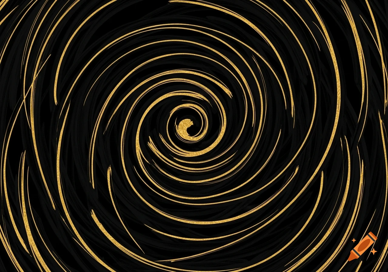 Abstract swirling pattern of glittery gold lines on a dark, textured background.