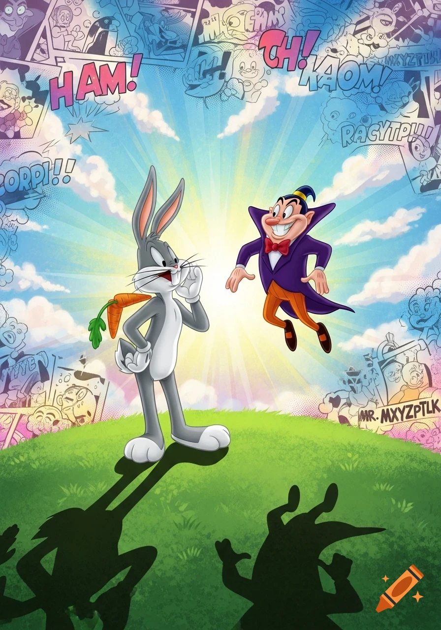 Bugs Bunny holds a carrot, facing Mr. Mxyzptlk floating in a comic book panel-style sky with a bright sunburst.