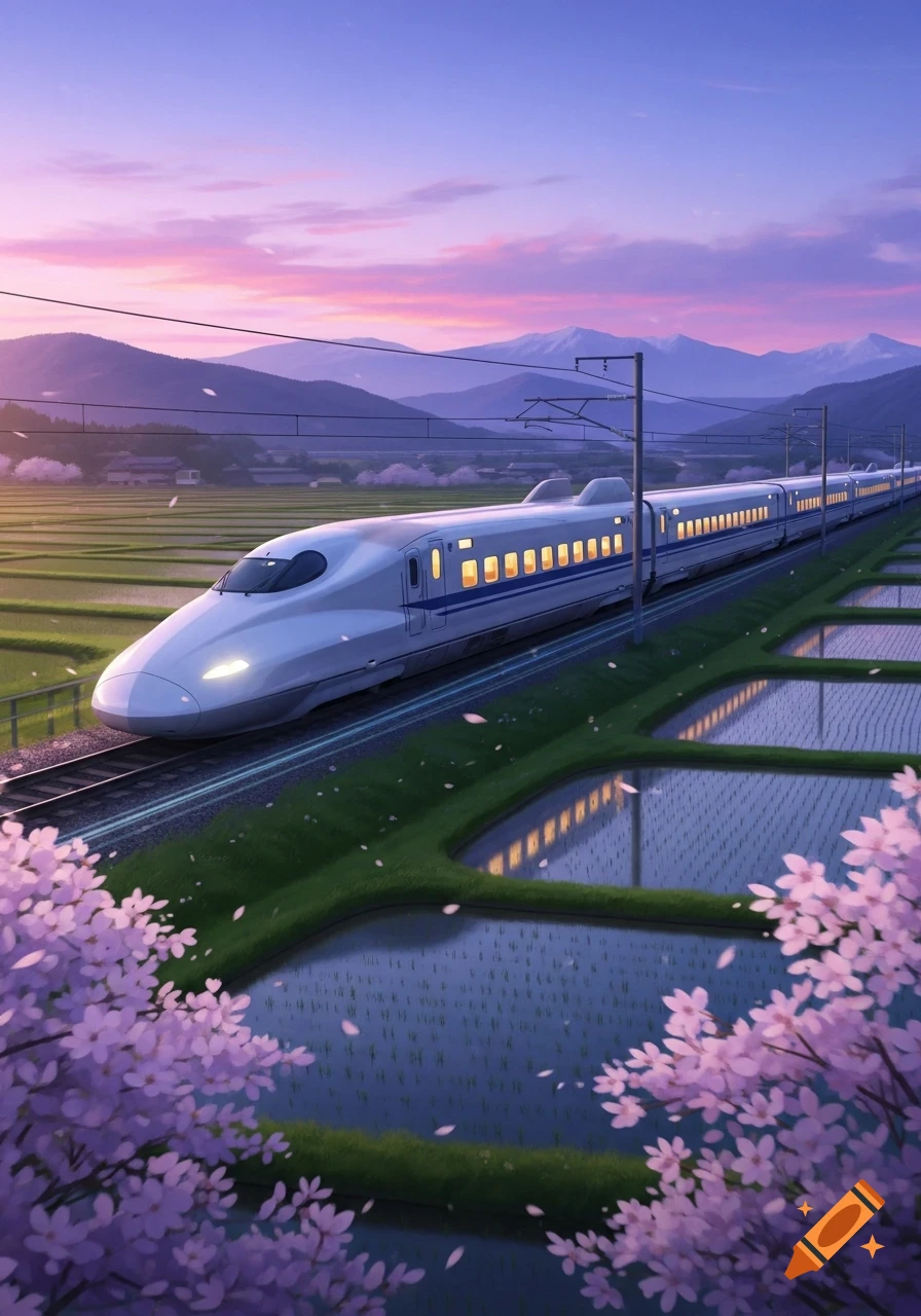 Anime illustration of a bullet train in a scenic Japanese countryside with cherry blossoms, rice fields, and mountains at sunset.