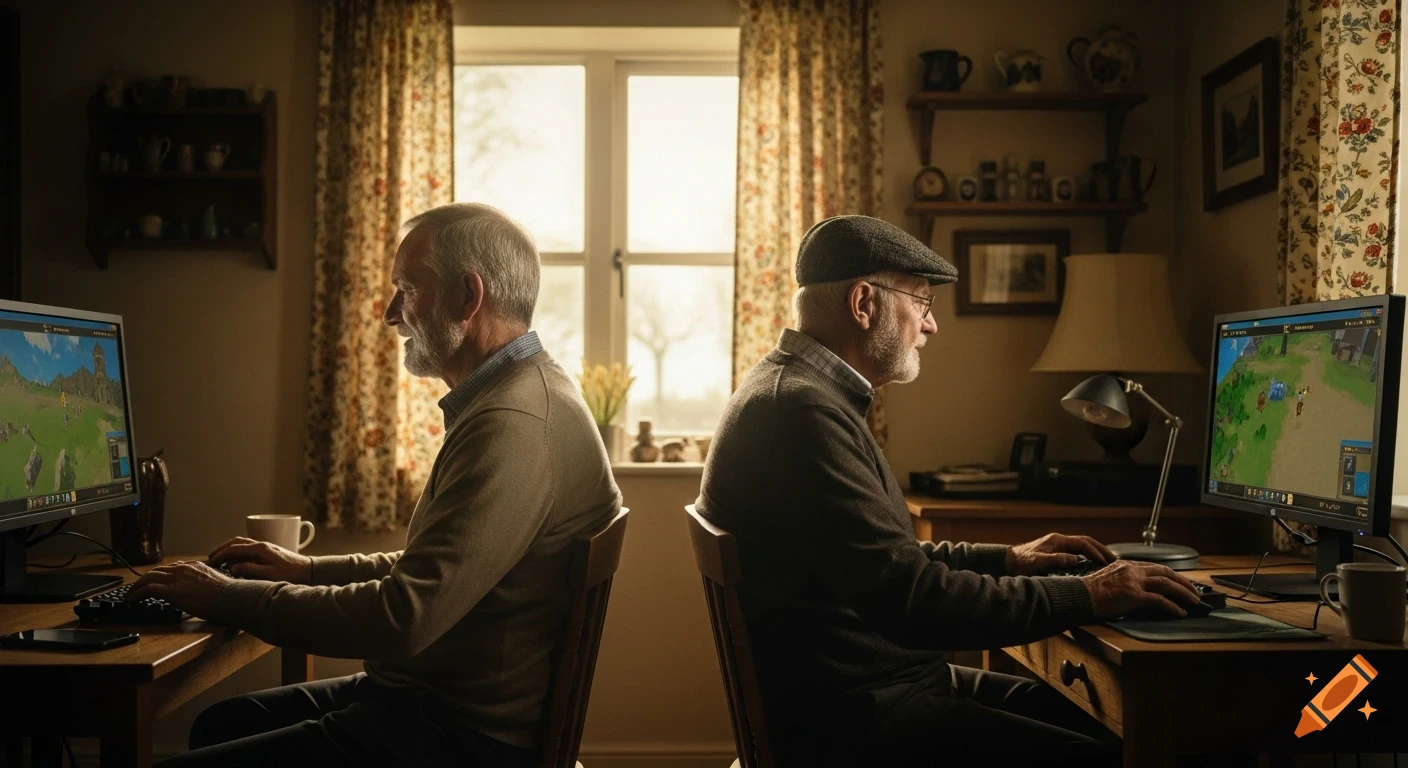 Two elderly men, seen from behind, sit back-to-back at wooden desks, each focused on playing a fantasy MMORPG on their computer screens in a cozy, old-fashioned home.
