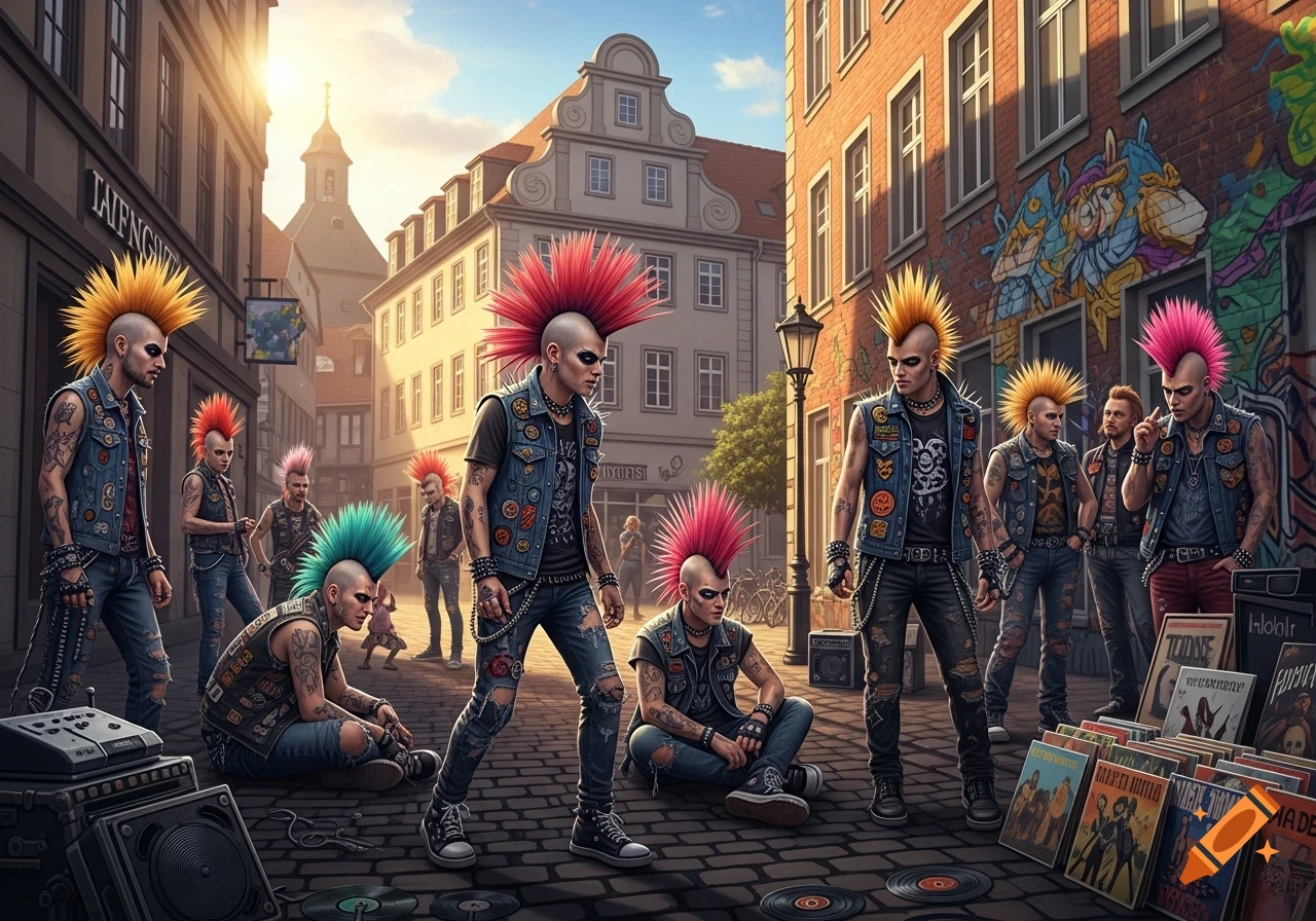 A group of punk rockers with vibrant mohawks, denim vests, and ripped jeans gather on a cobblestone street lined with buildings.