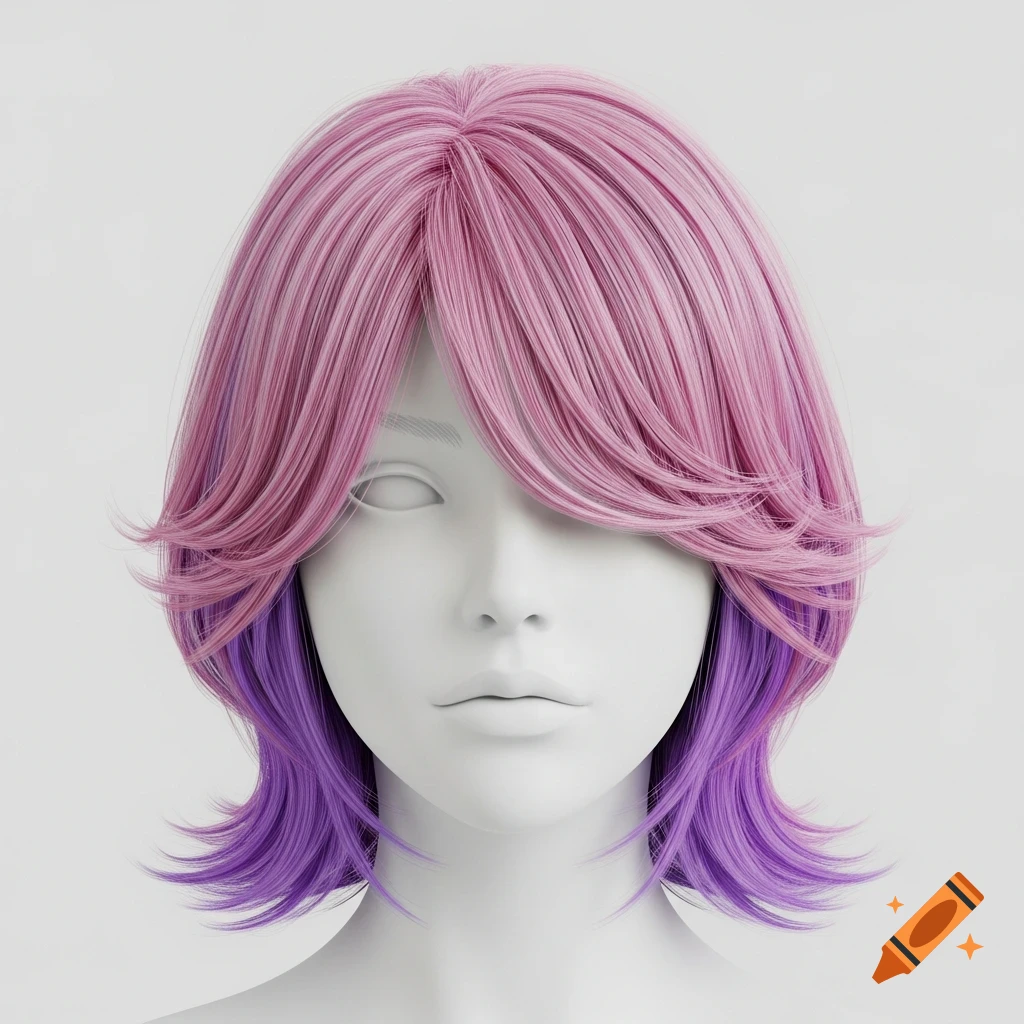 3D render of a mannequin head with a short, layered, pink and purple bob haircut with wispy bangs.