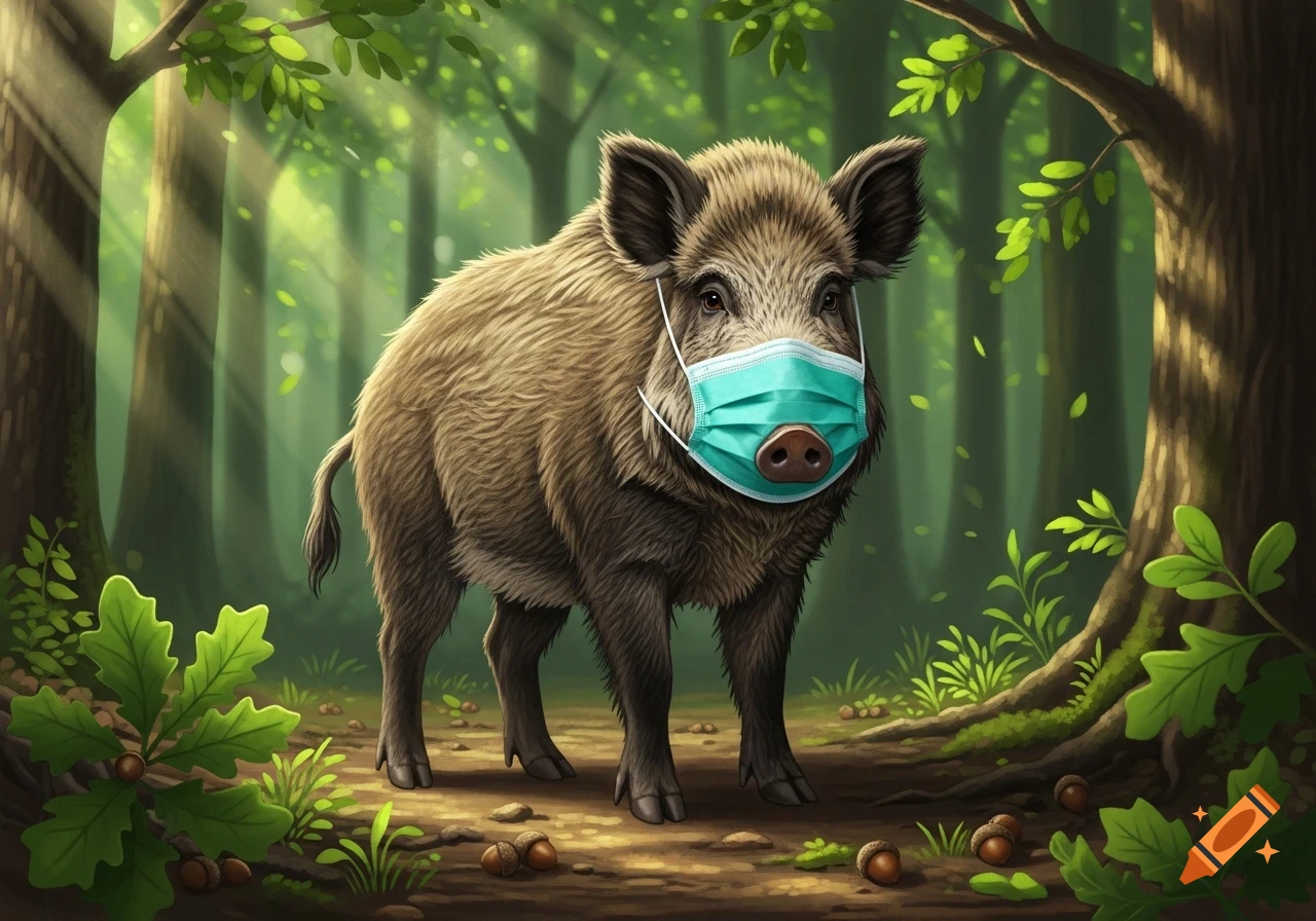 A brown wild boar with tusks wears a light blue surgical mask while standing in a sunlit forest, illustrated in a cartoonish style.