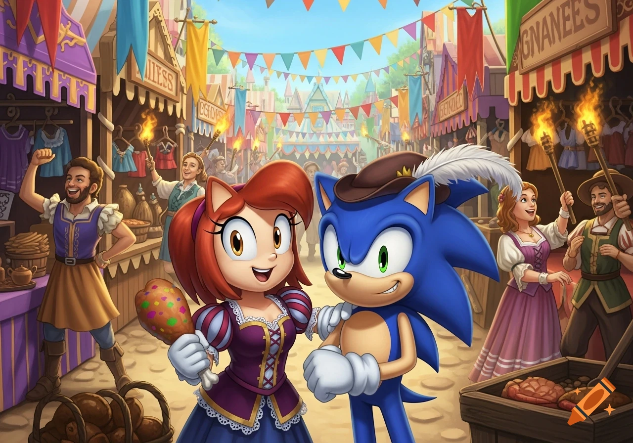 Sonic the Hedgehog and Molly McGee, dressed in period attire, explore a bustling renaissance festival with market stalls and joyful crowds.