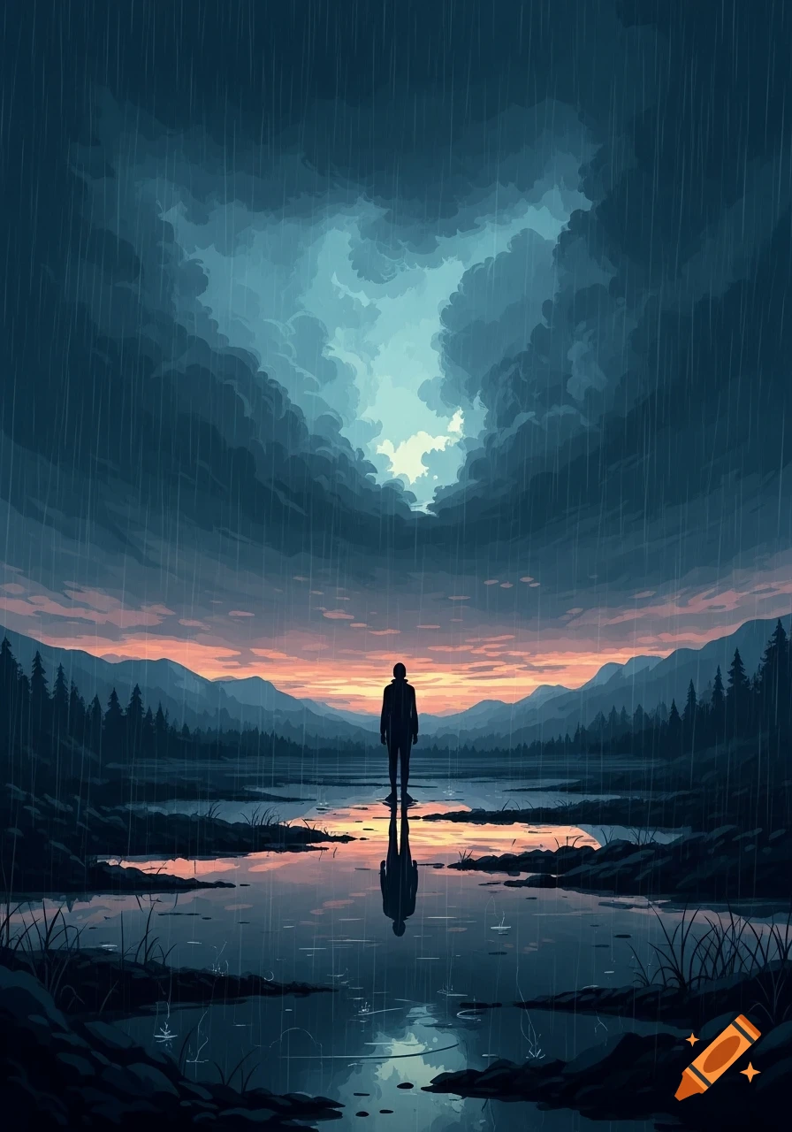 Lone person stands in a rainy lake at sunset, surrounded by mountains and forests under a dramatic cloudy sky, digital art.