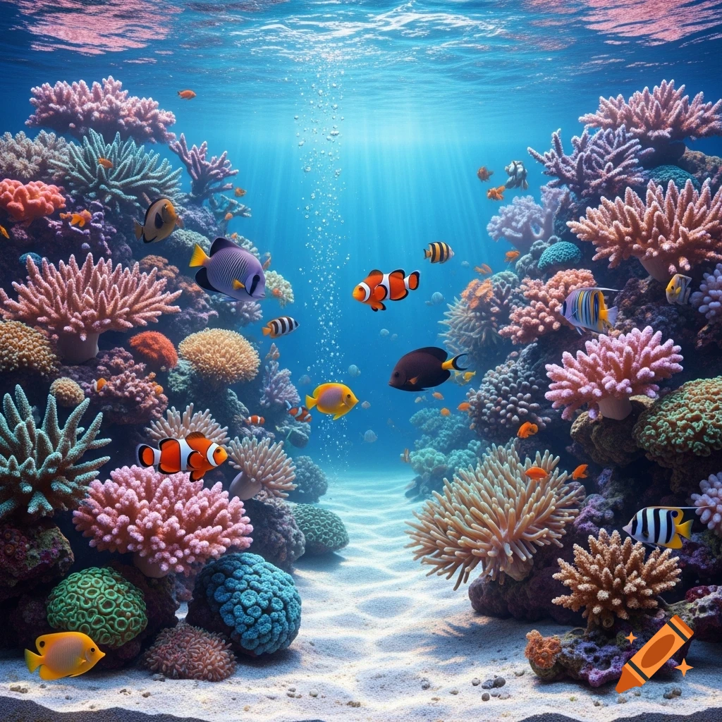 Vibrant photorealistic underwater scene of a coral reef with colorful fish swimming and sunrays beaming down.