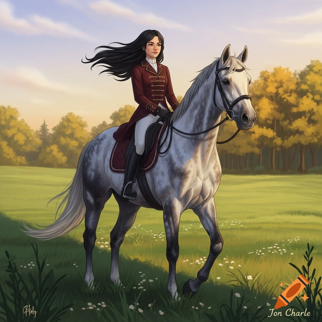 A woman with long dark hair in a red riding coat rides a dapple grey horse through a green field with autumn trees under a soft sky, in an illustrative style.