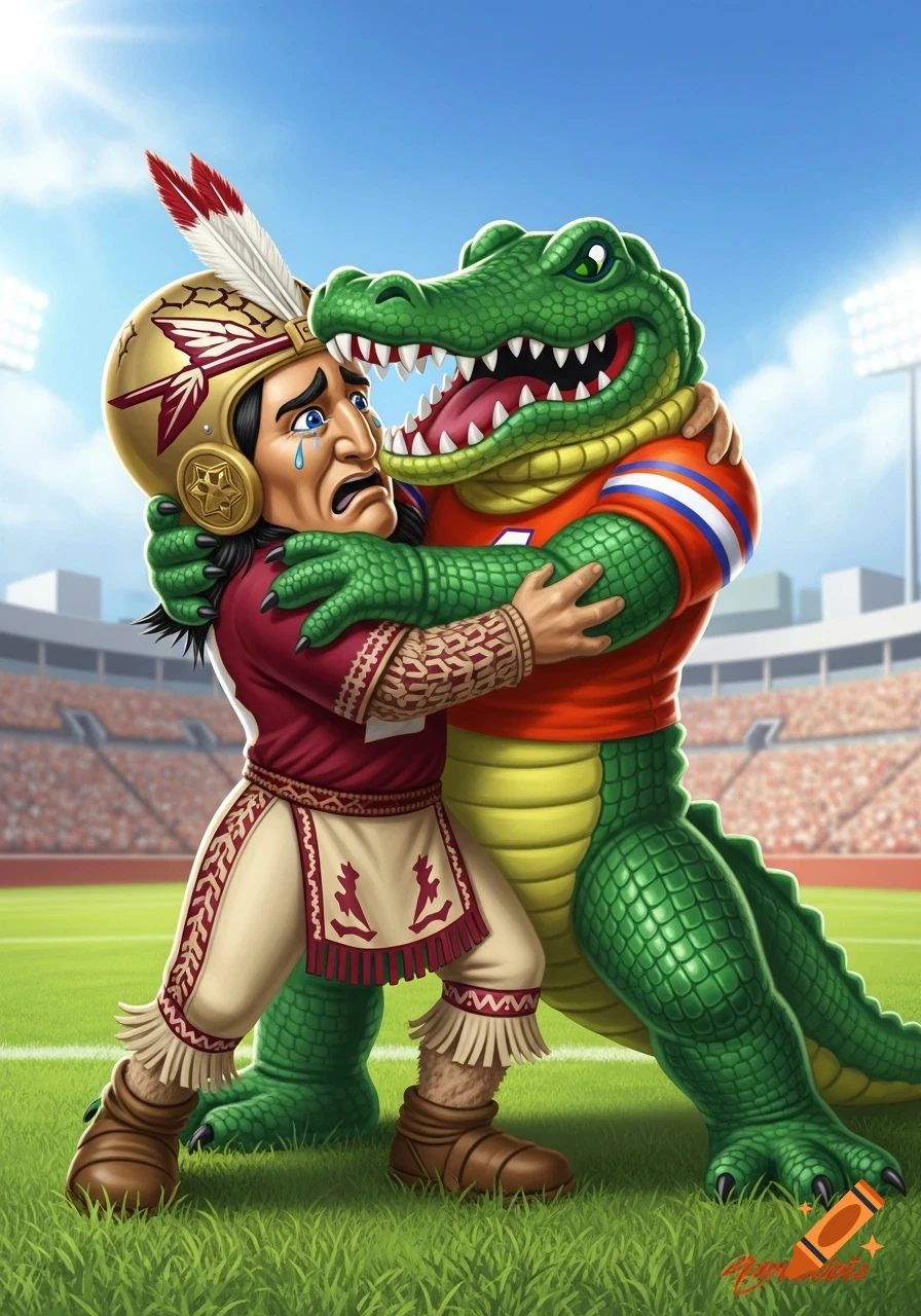 Cartoon illustration of a crying Chief Osceola mascot being held by a smiling Albert the alligator mascot on a football field.