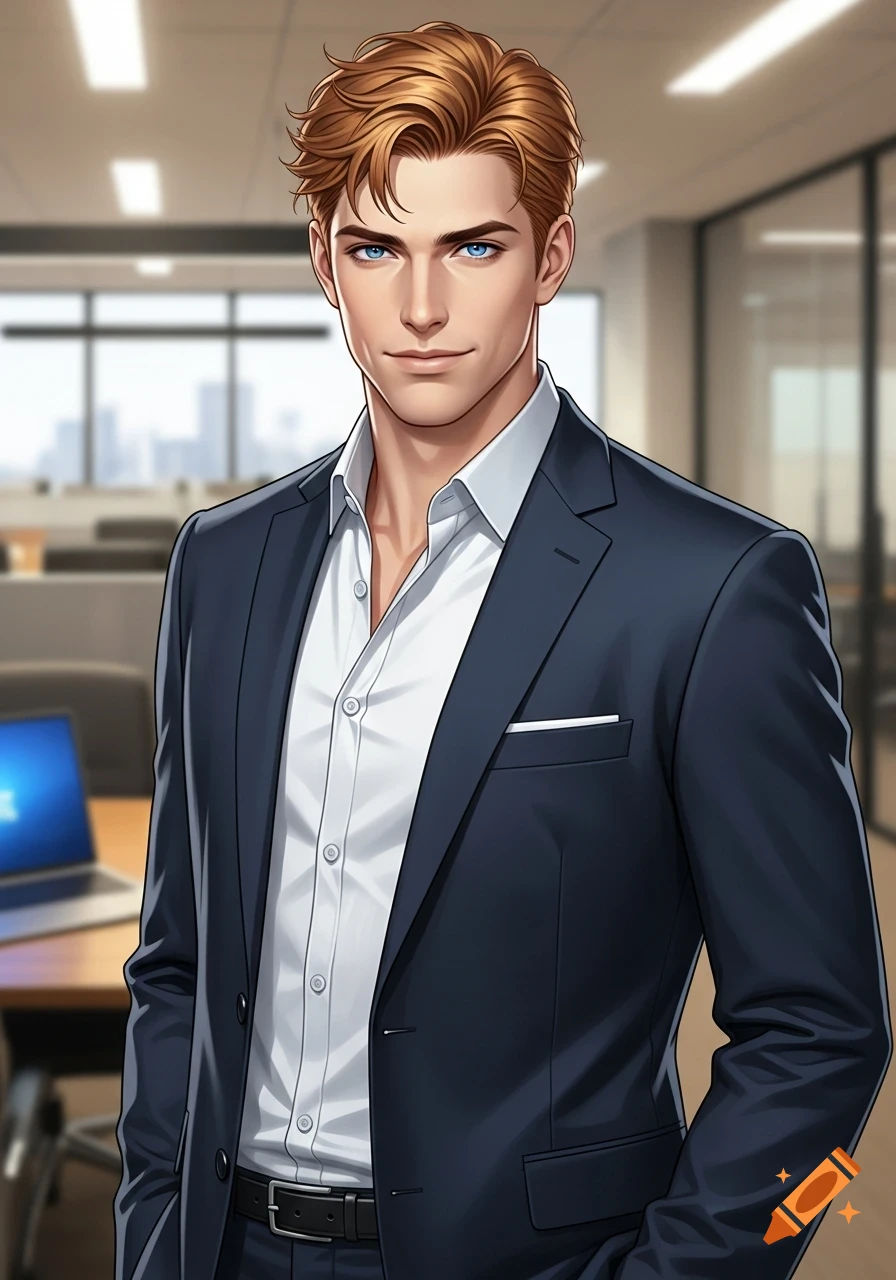 An anime-style ginger-haired man with blue eyes in a navy suit and white shirt stands in an office.