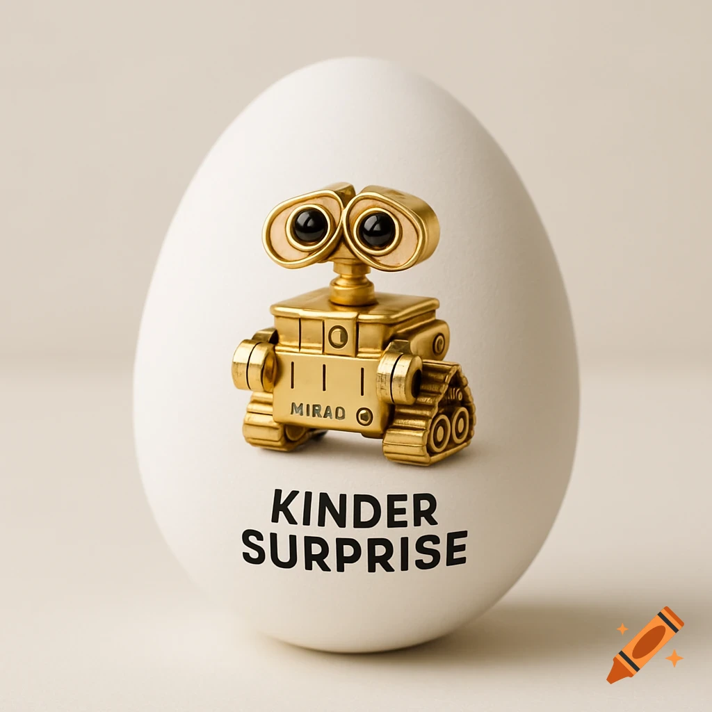 A white egg with a golden Wall-E figurine on it, with the words "KINDER SURPRISE" printed in black text below the figurine. The figurine has the word "MIRAO" inscribed on it.